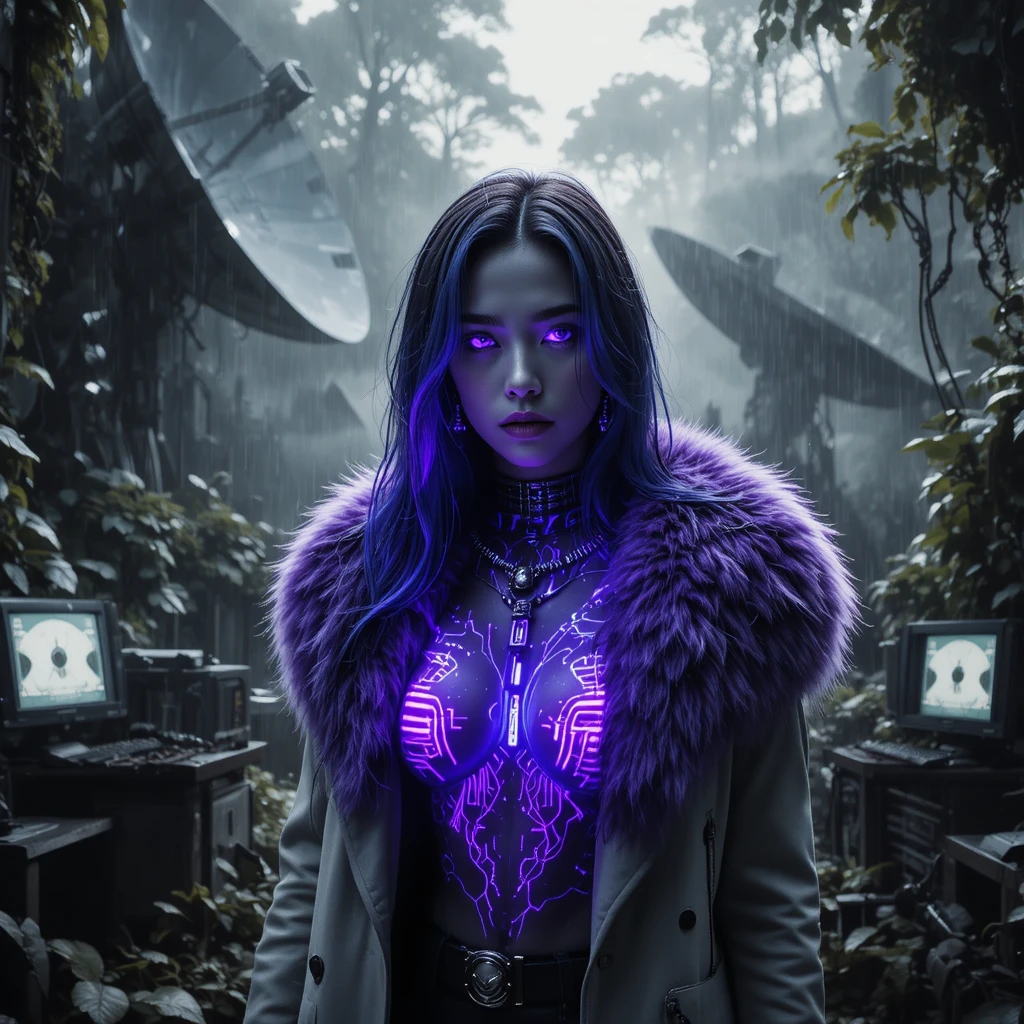 Femme fatale cyberpunk tra rovine nella giungla sotto una soffusa luce diurna