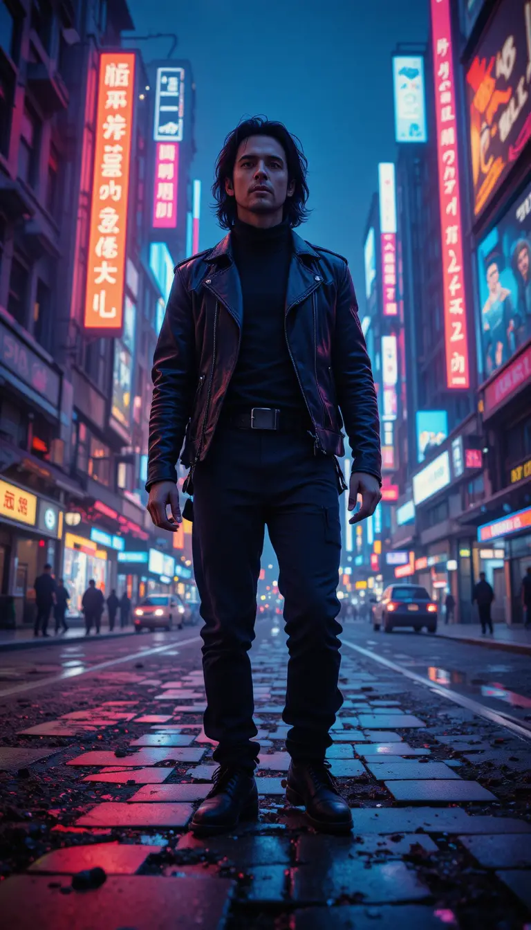 Copertina di album rock cyberpunk in primo piano con skyline al neon