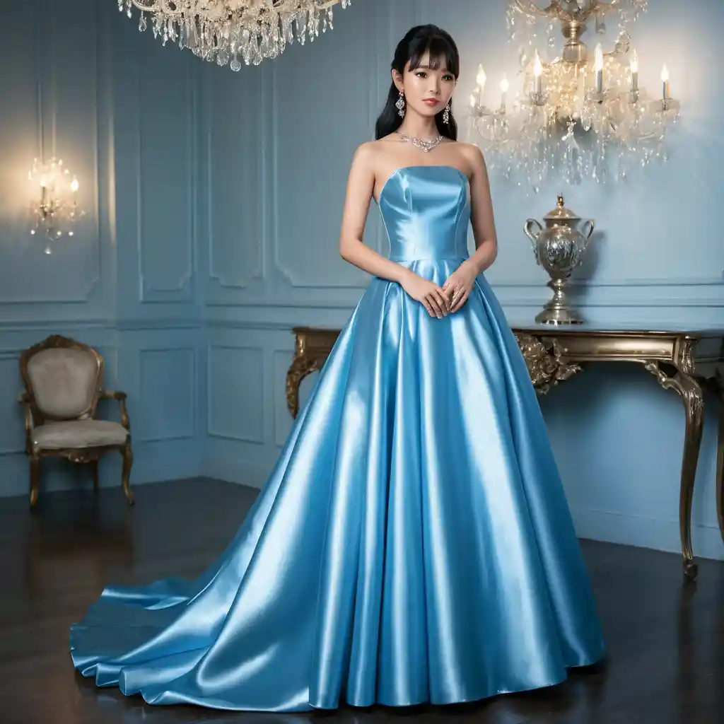 Elegant woman in sky blue satin gown in interior