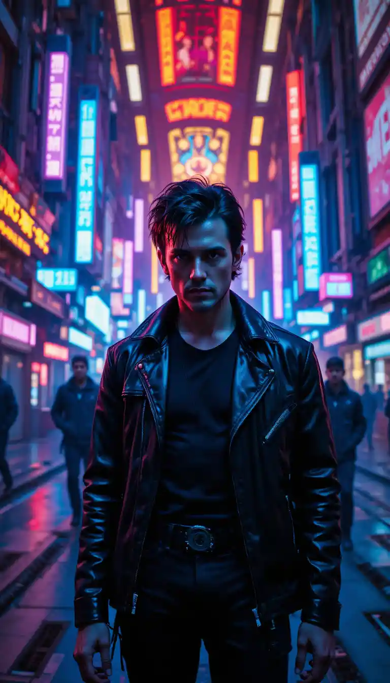 Copertina di album cyberpunk in primo piano con chitarrista ribelle