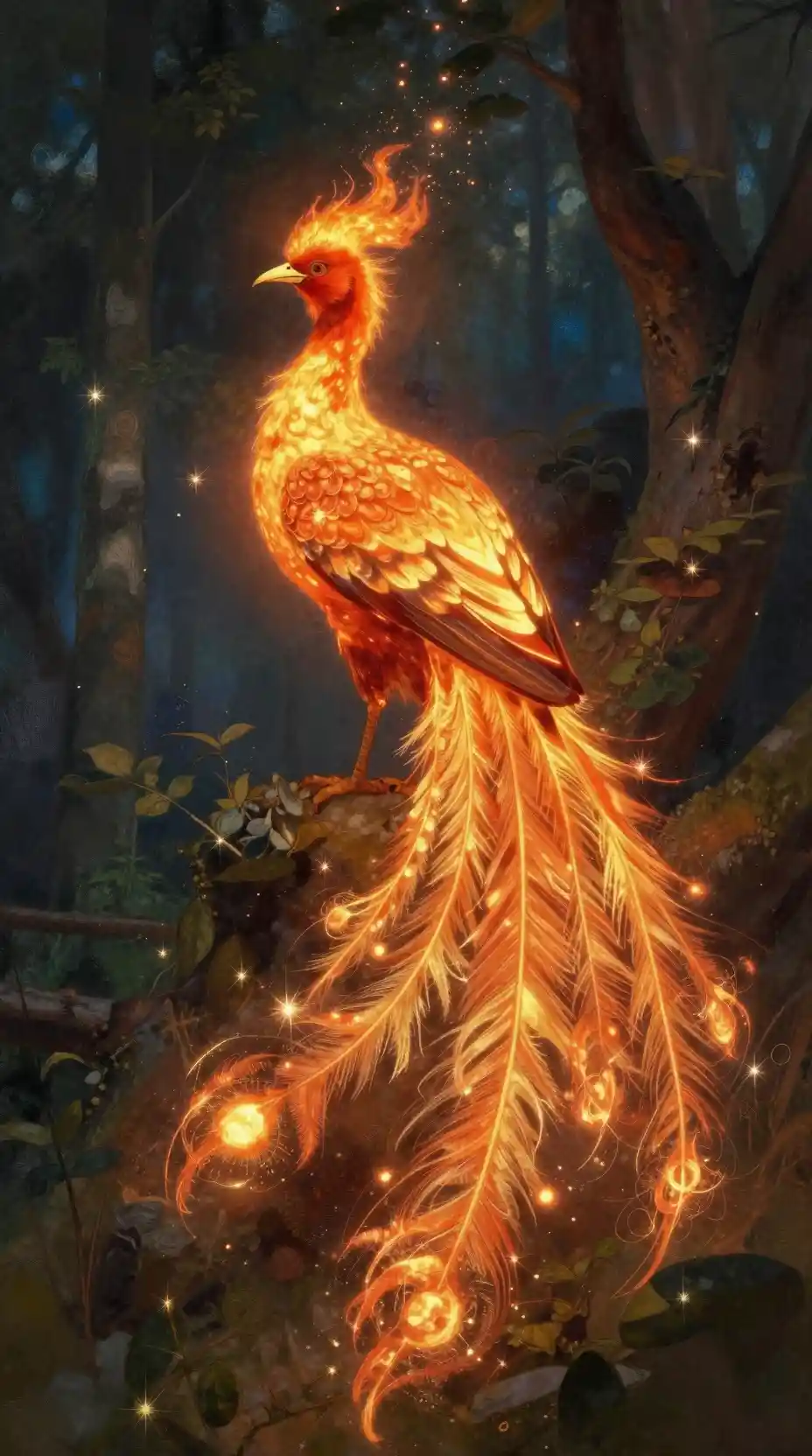 Fiery phoenix soaring in an enchanted Russian forest