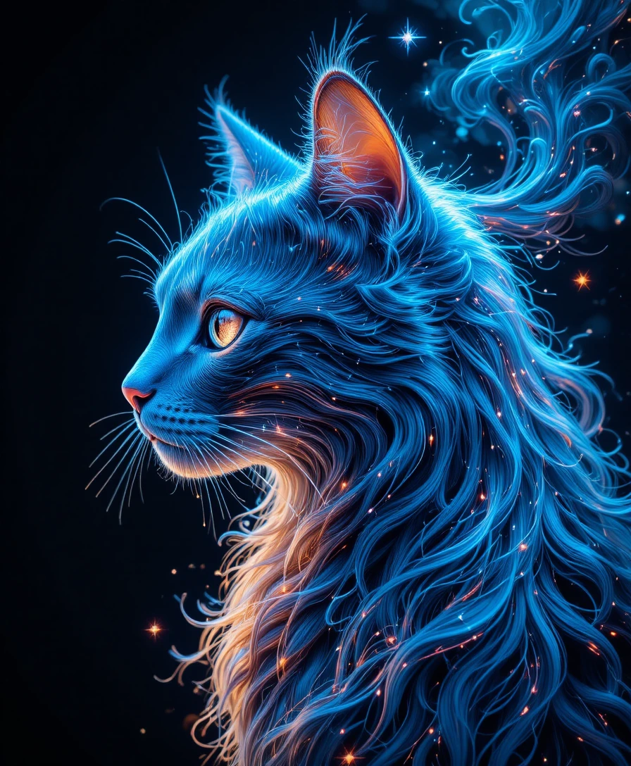 Profil de chat fantasy néon, brillant sur fond cosmique sombre