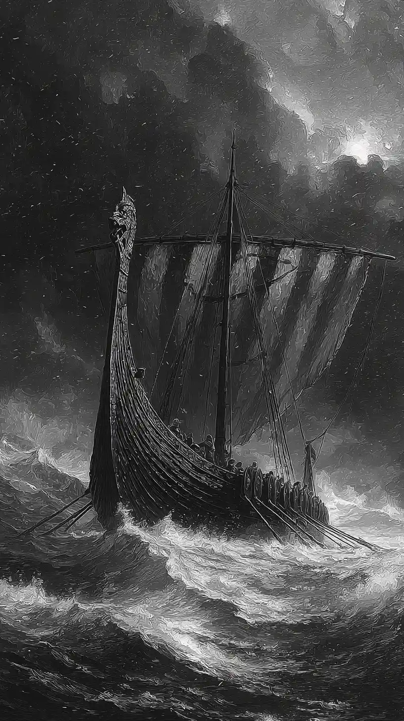 Viking longship battles towering waves in stormy black sea