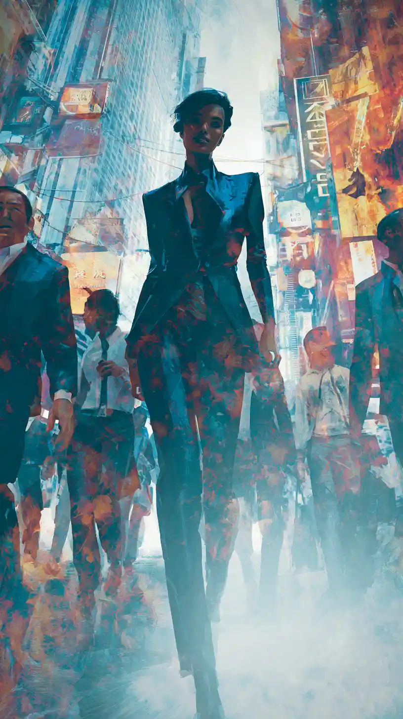 Ebony woman in cyberpunk suit walking through busy city street