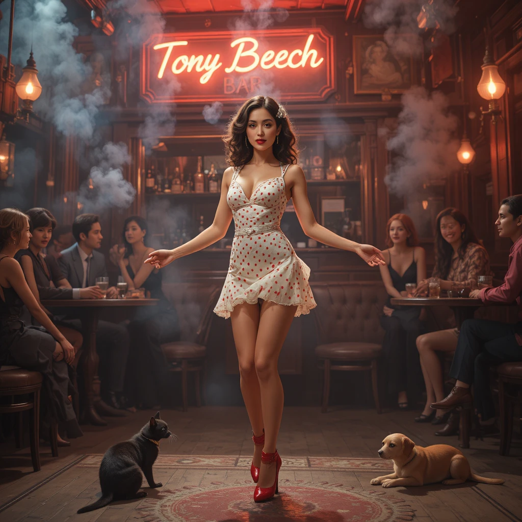 Woman dancing on stage in a smoky vintage nightclub