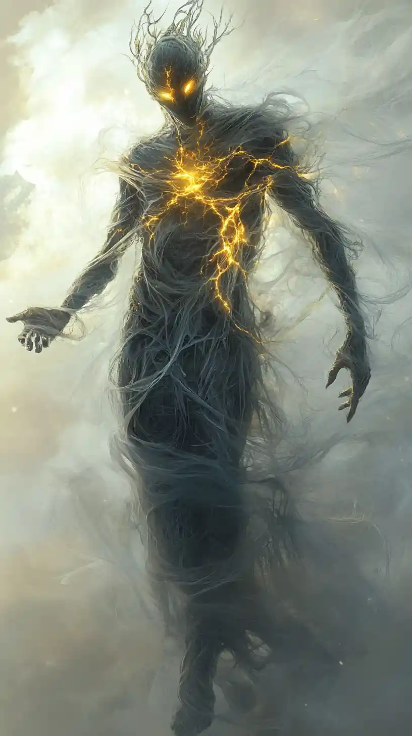 Ethereal horned spirit holding a radiant golden orb