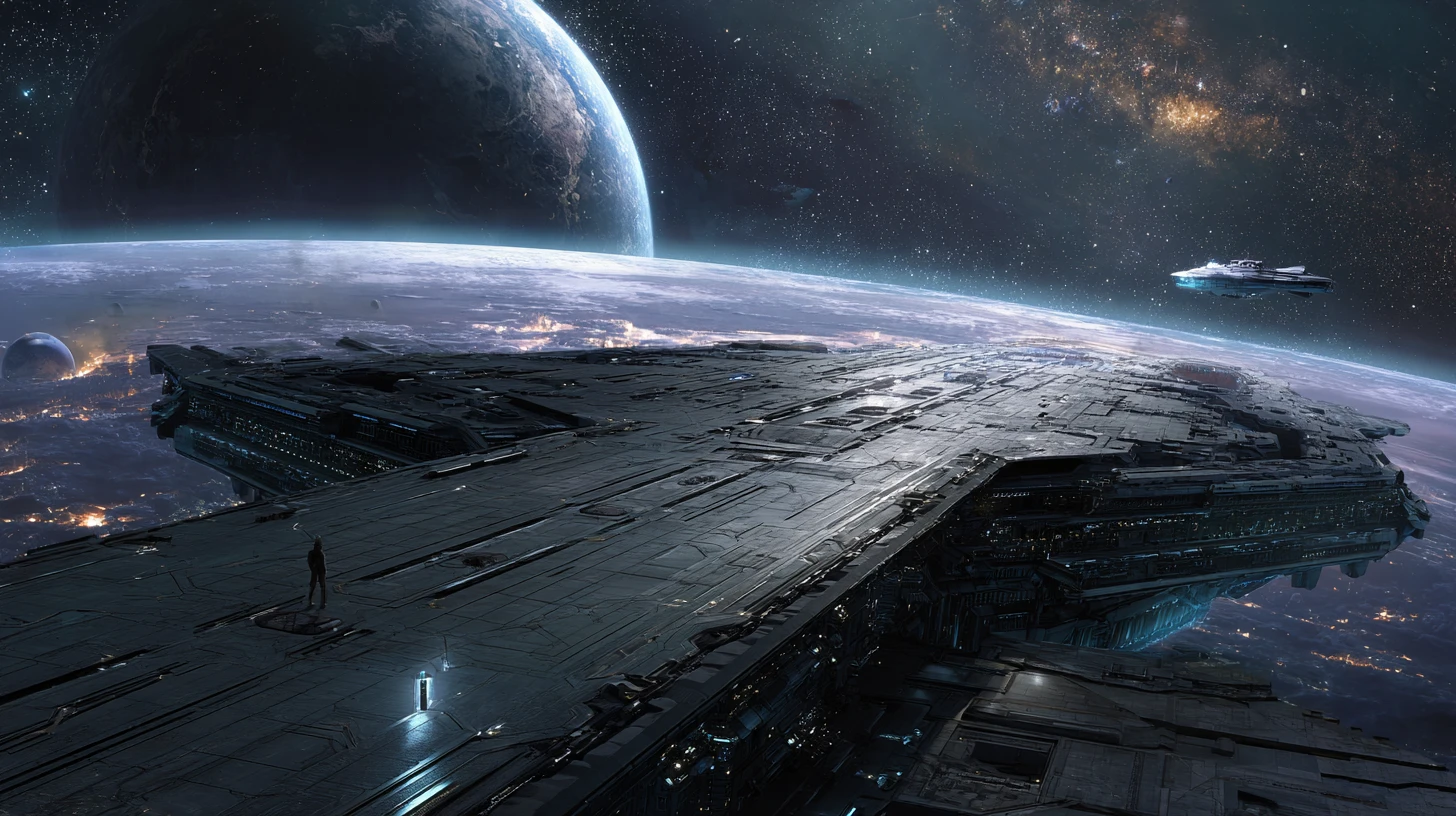 Deck de nave espacial sci‑fi com pequena figura diante de imensa nebulosa