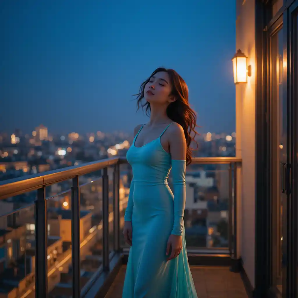 Donna coreana in camicia da notte turchese su un balcone a mezzanotte