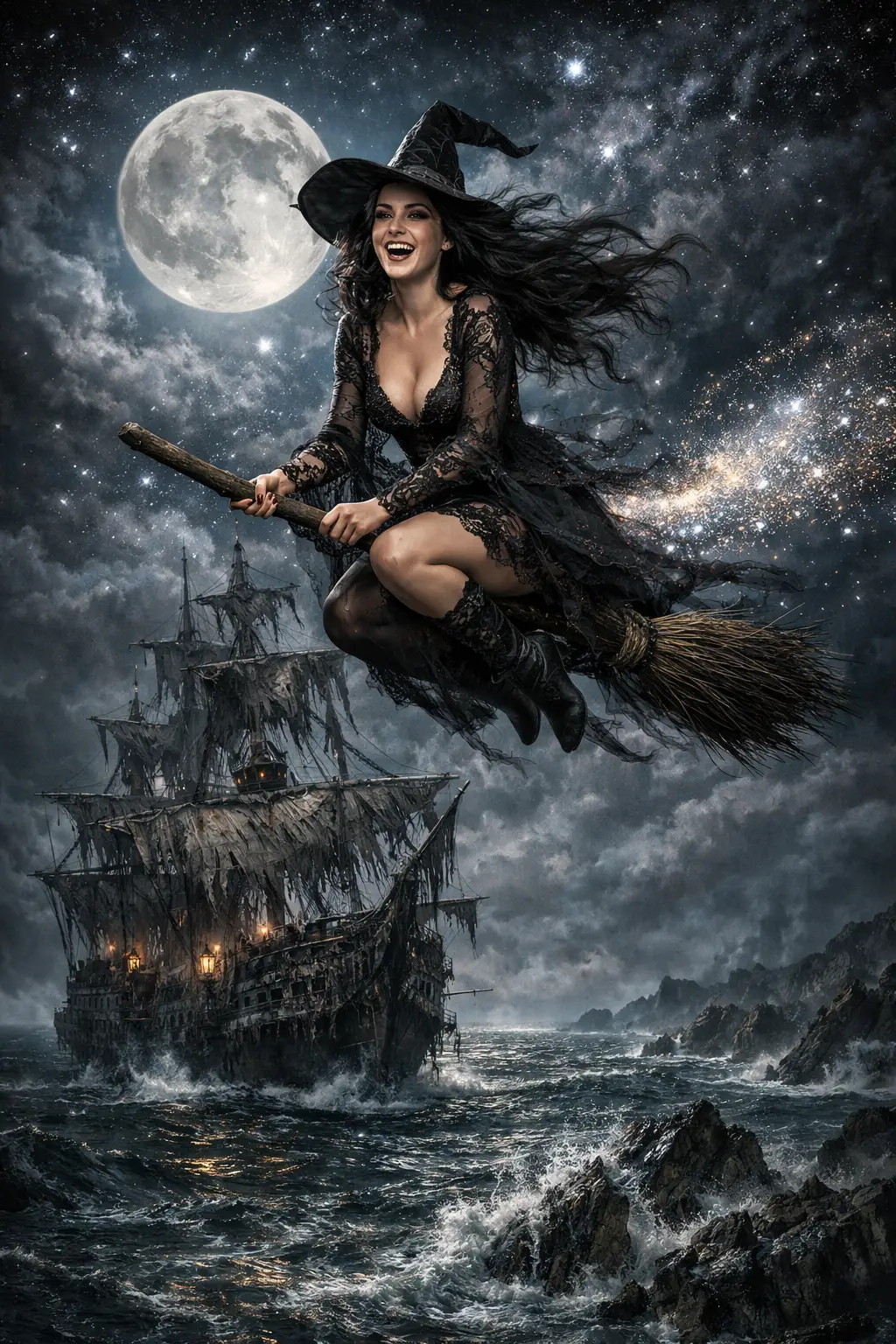 Hermosa bruja volando en una escoba por un cielo estrellado a la luz de la luna