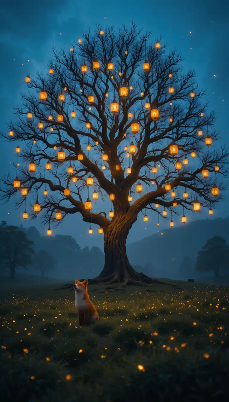 Raposa sob árvore iluminada por lanterna em prado crepuscular onírico