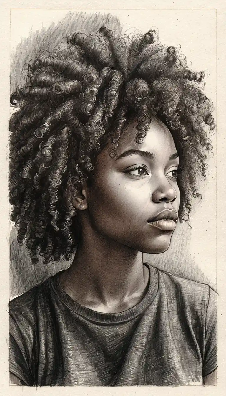 Close em carvão de uma jovem mulher negra com cabelo afro