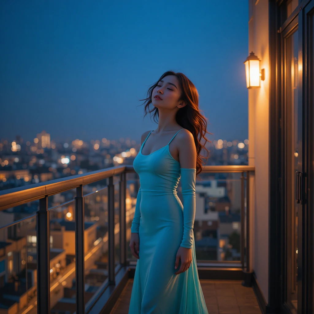 Donna coreana in camicia da notte turchese su un balcone a mezzanotte