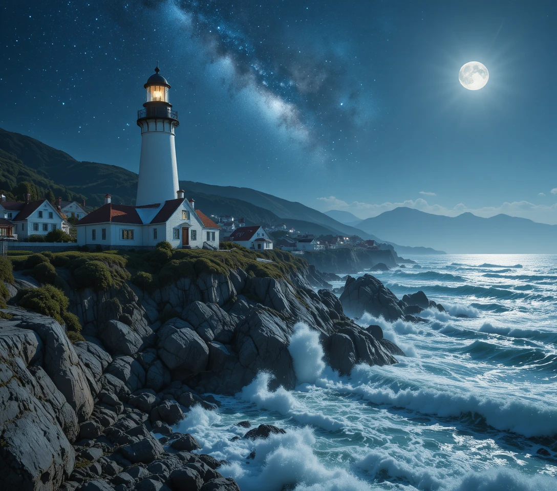 Farol majestoso sobre uma pitoresca vila litorânea à noite