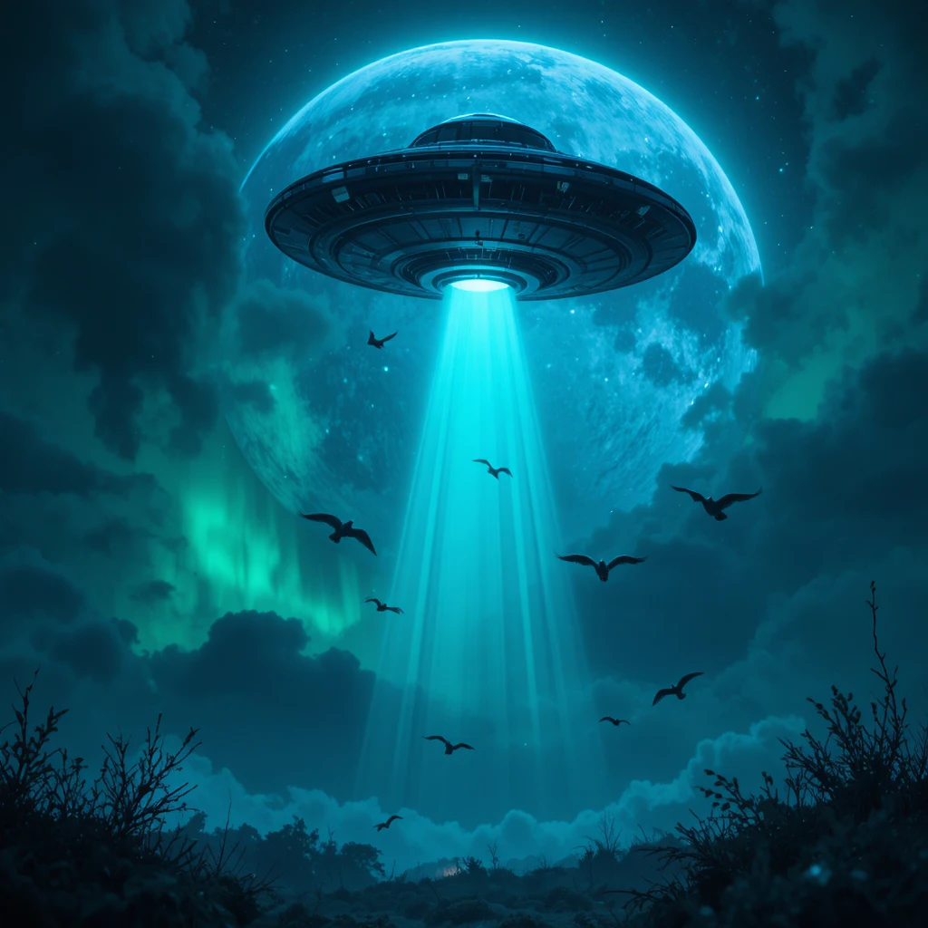 UFO firing a laser under a blue moonlit fantasy sky