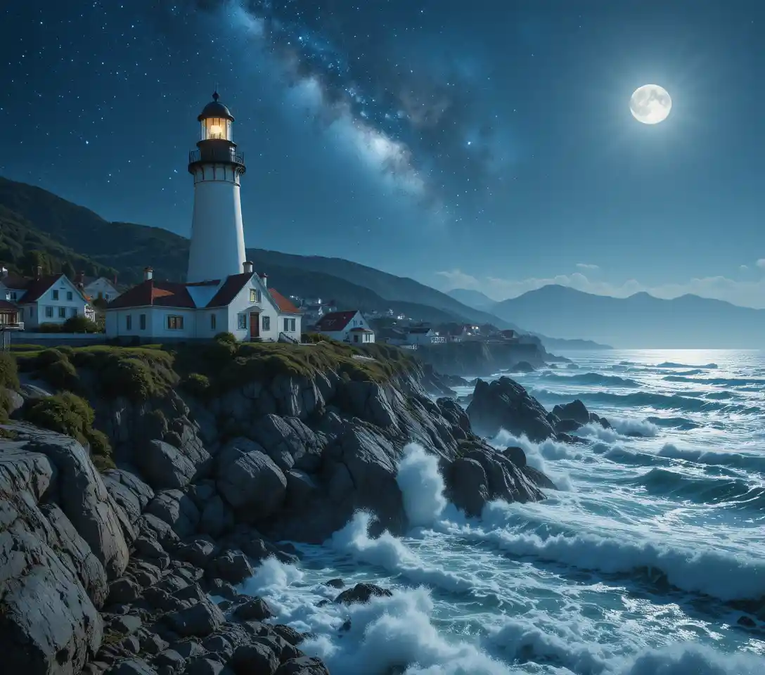 Majestic Lighthouse Above A Quaint Seaside Village At Night