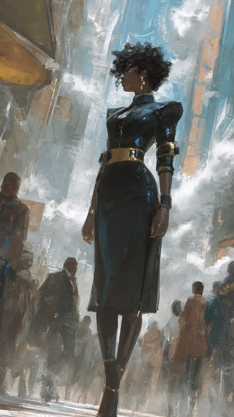 Ebony woman in cyberpunk suit walking through busy city street