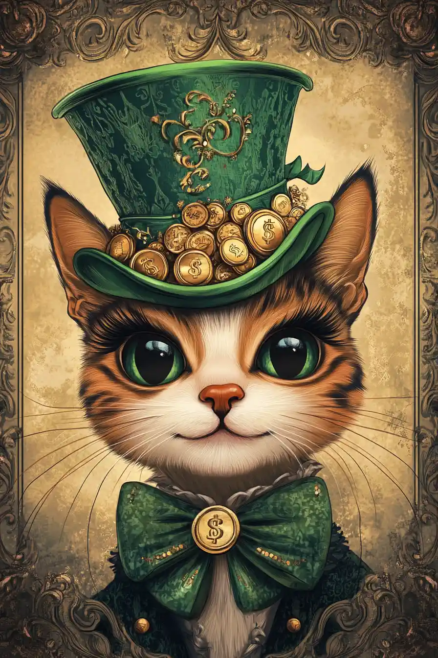 Cat diva in green top hat with gold coin decorations