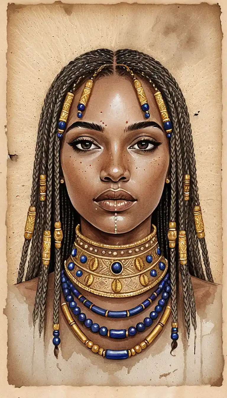 Nubian girl portrait with braids and golden jewelry