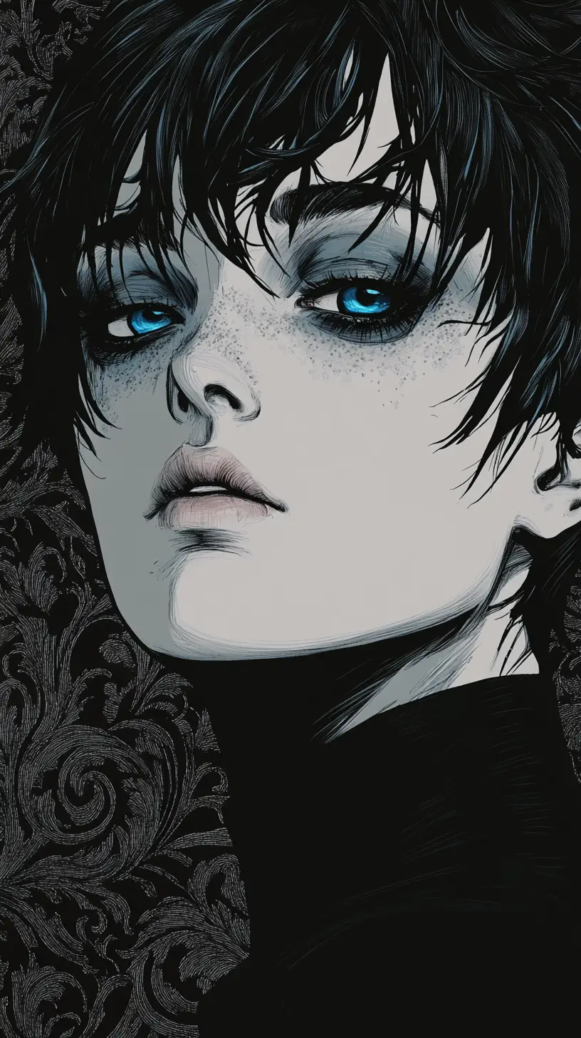 Retrato em mangá de jovem andrógino com detalhes em azul elétrico