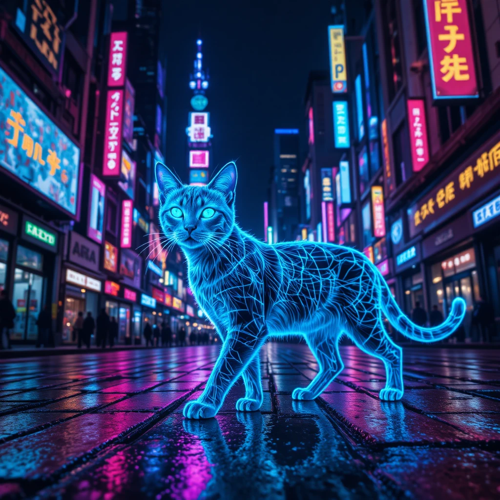 Neon blue cat walking through a glowing cyberpunk street