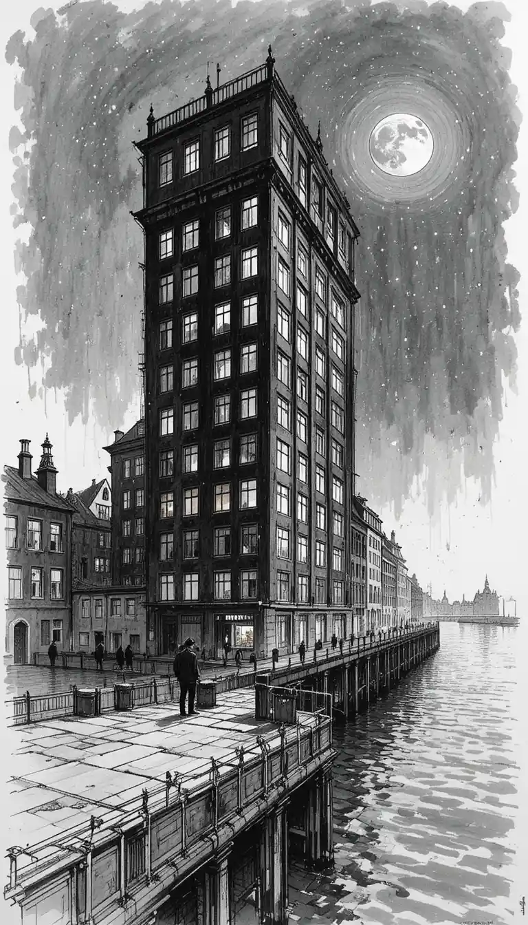 Surreal urban night scene with a lonely man by the water