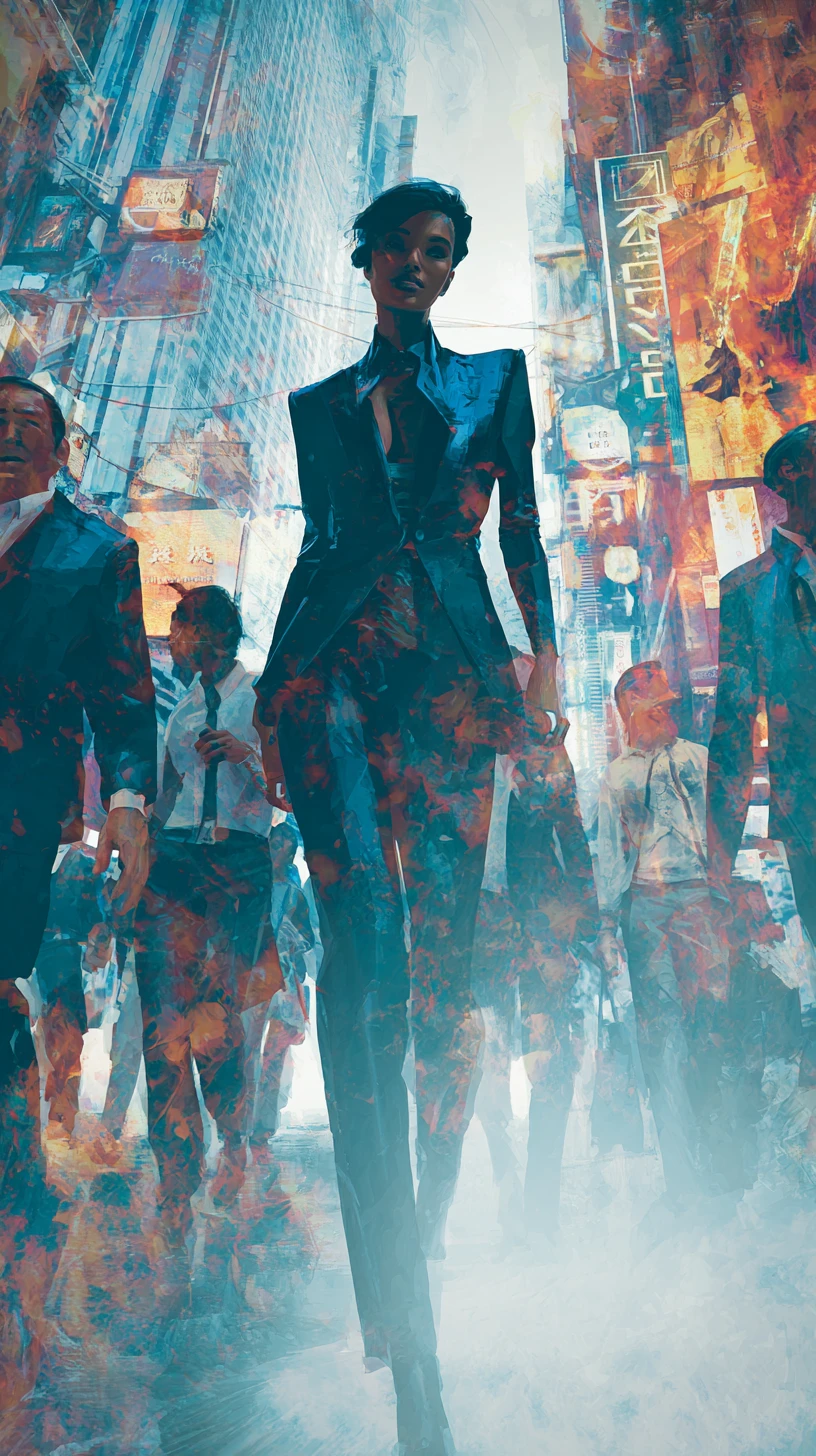 Mujer negra con traje cyberpunk caminando por una concurrida calle de la ciudad