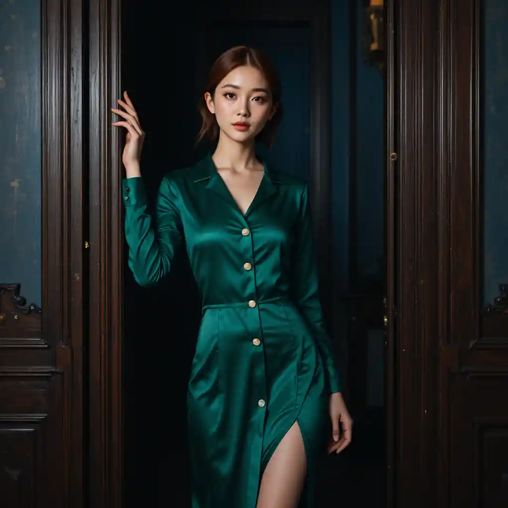 Korean woman in emerald silk nightshirt in a dark doorway