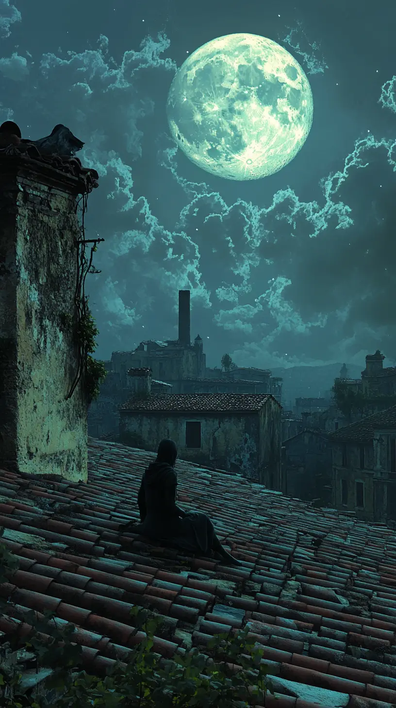 Figura solitaria sul tetto sotto una luminosa luna piena