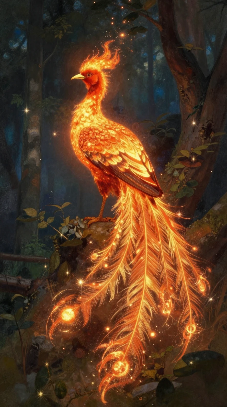 Fênix flamejante sobrevoando uma floresta russa encantada