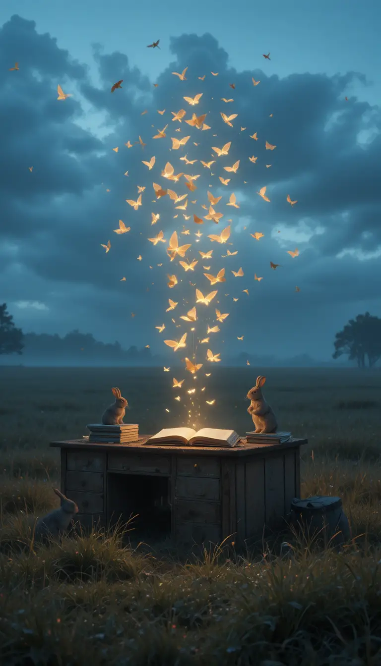 Libro brillante sobre un escritorio de madera en un campo tranquilo