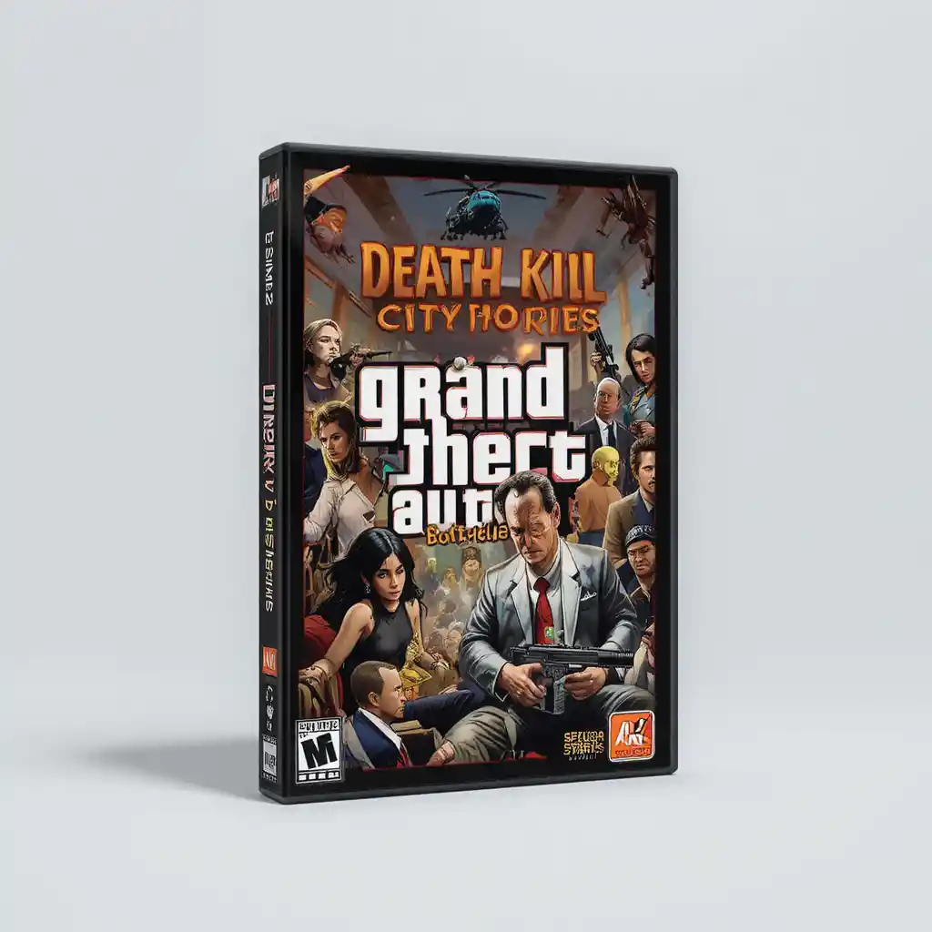 Violent action video game cover with chaotic city scenes