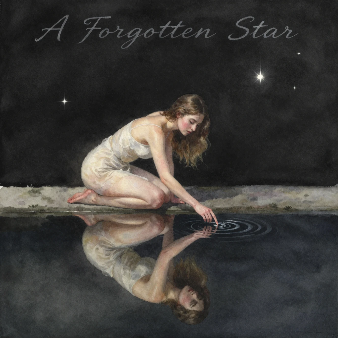 Chica en acuarela tocando una poza negra llena de estrellas reflejadas