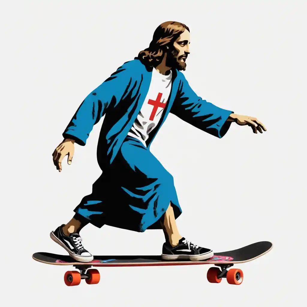 Graffiti of Jesus Christ Skateboarding On A White Wall