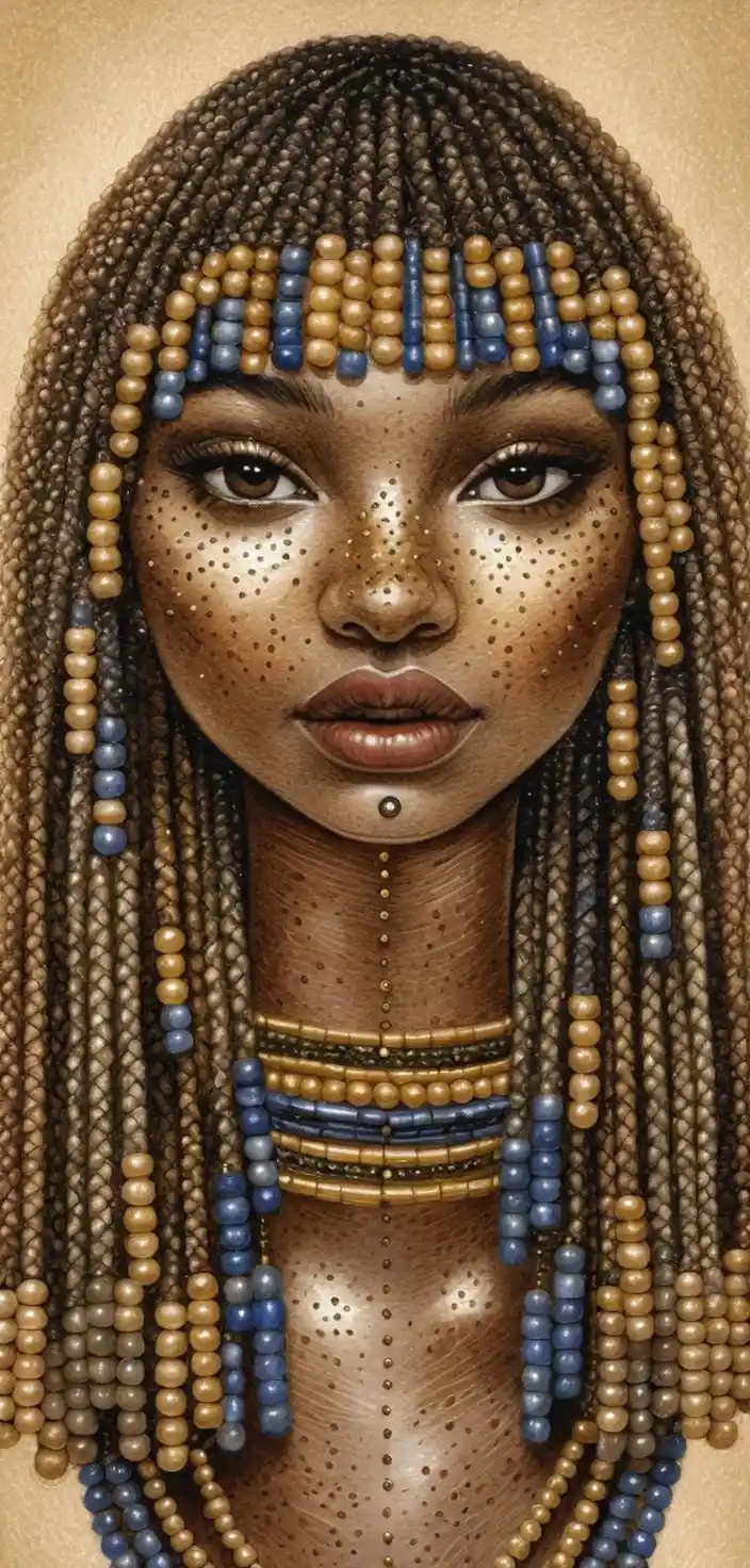Nubian girl portrait with braids and golden beaded jewelry