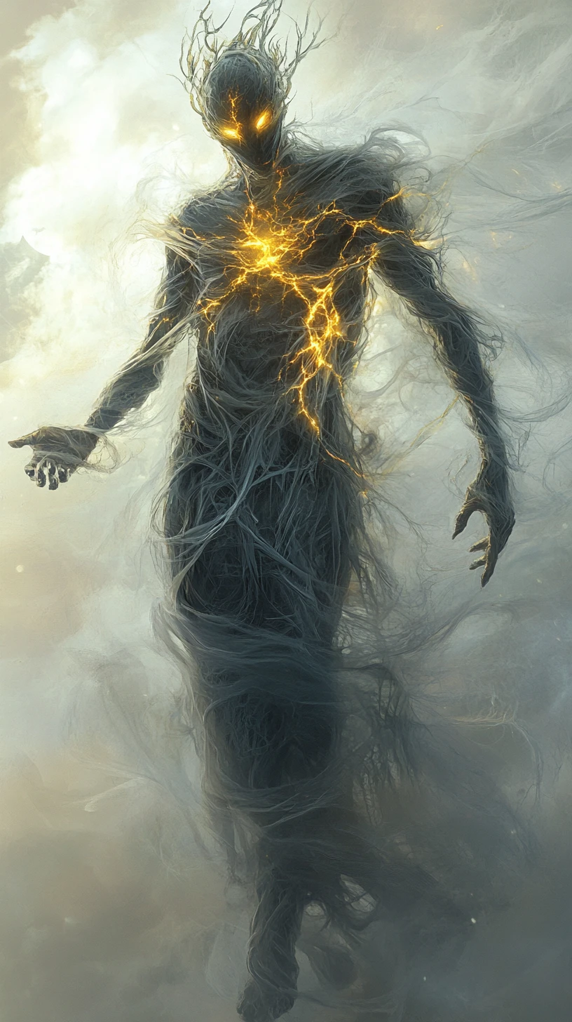 Ethereal horned spirit holding a radiant golden orb