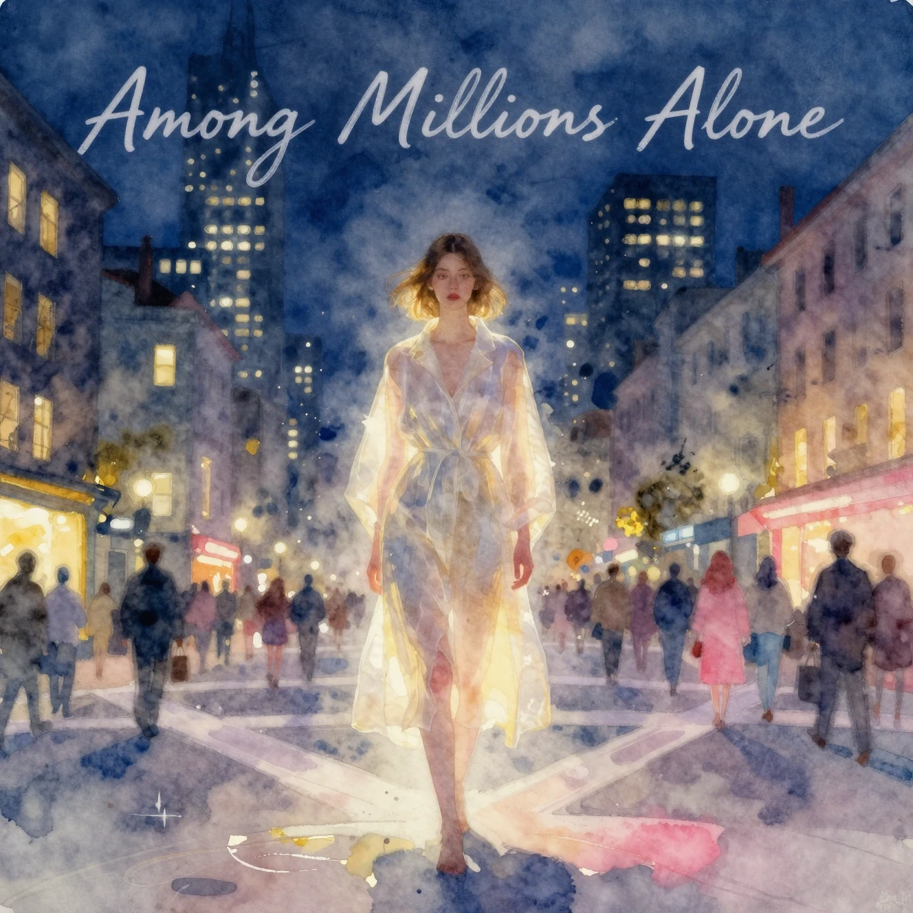 Lonely young woman in watercolor at glowing city crossing
