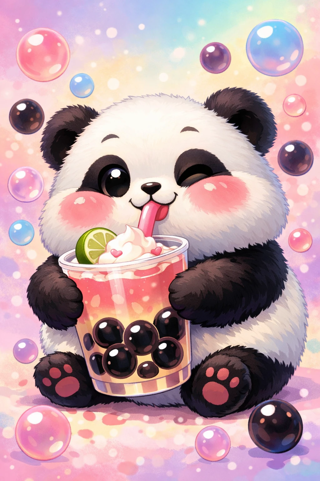 Dolce panda rotondo che sorseggia bubble tea in colori pastello