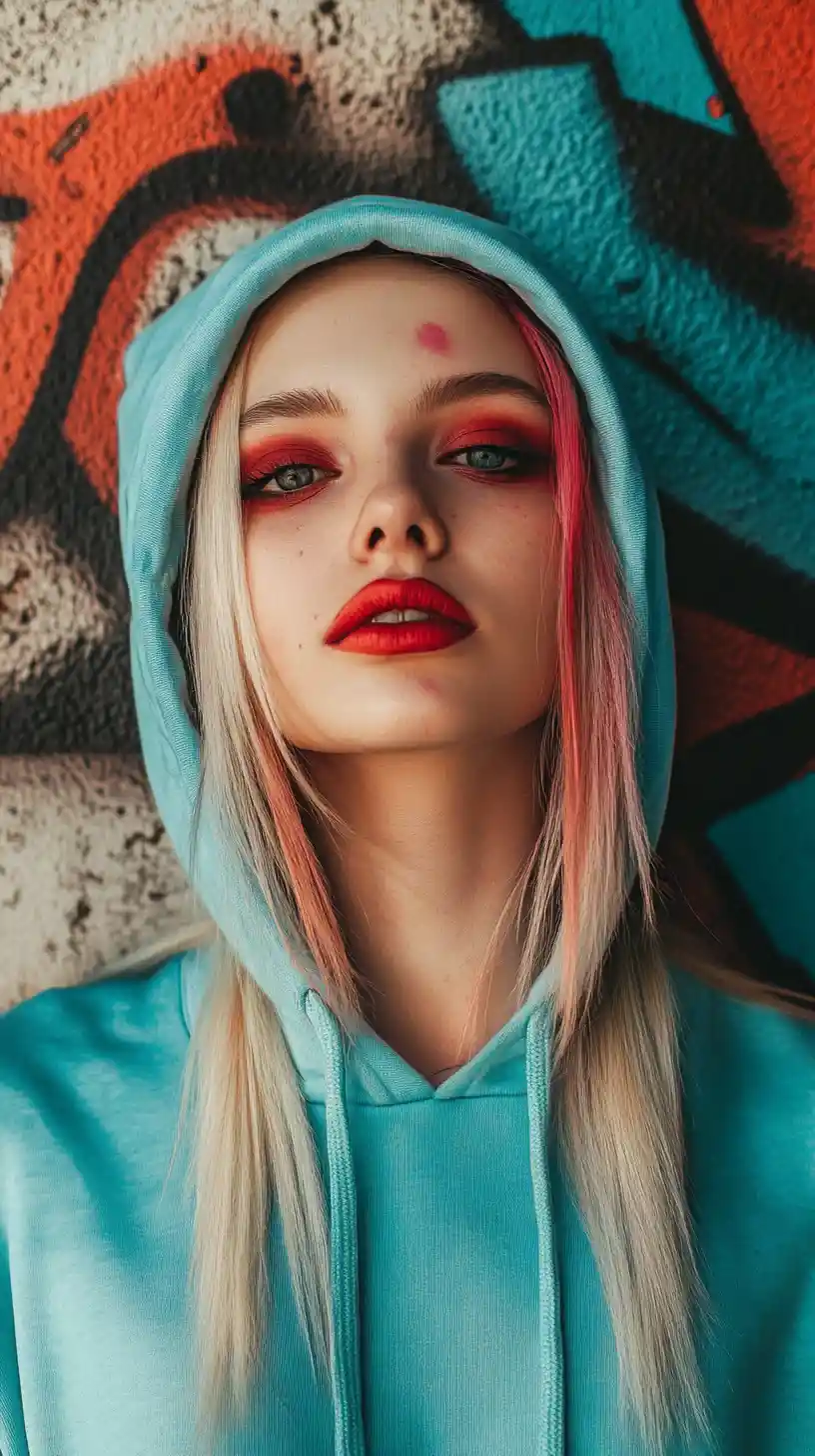 Rebellisches blondes Mädchen im türkisfarbenen Hoodie – Street-Porträt