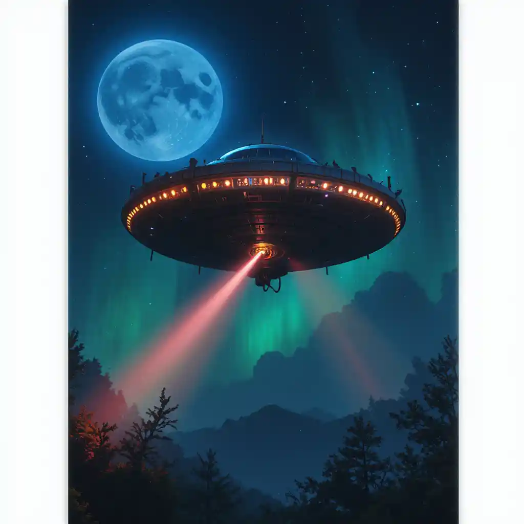 푸른 달빛 환상 하늘 아래에서 레이저를 쏘는 UFO