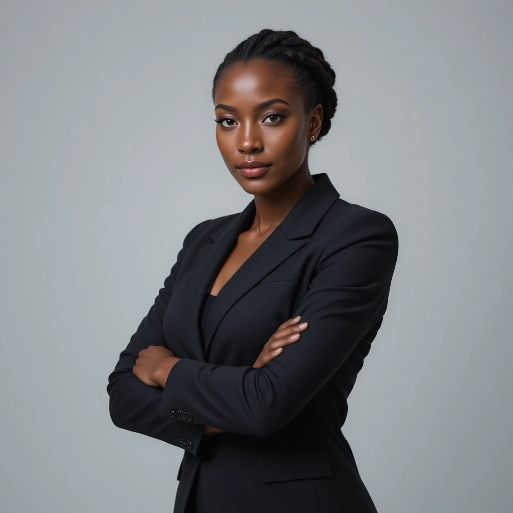 Confident Nigerian woman in black blazer studio portrait