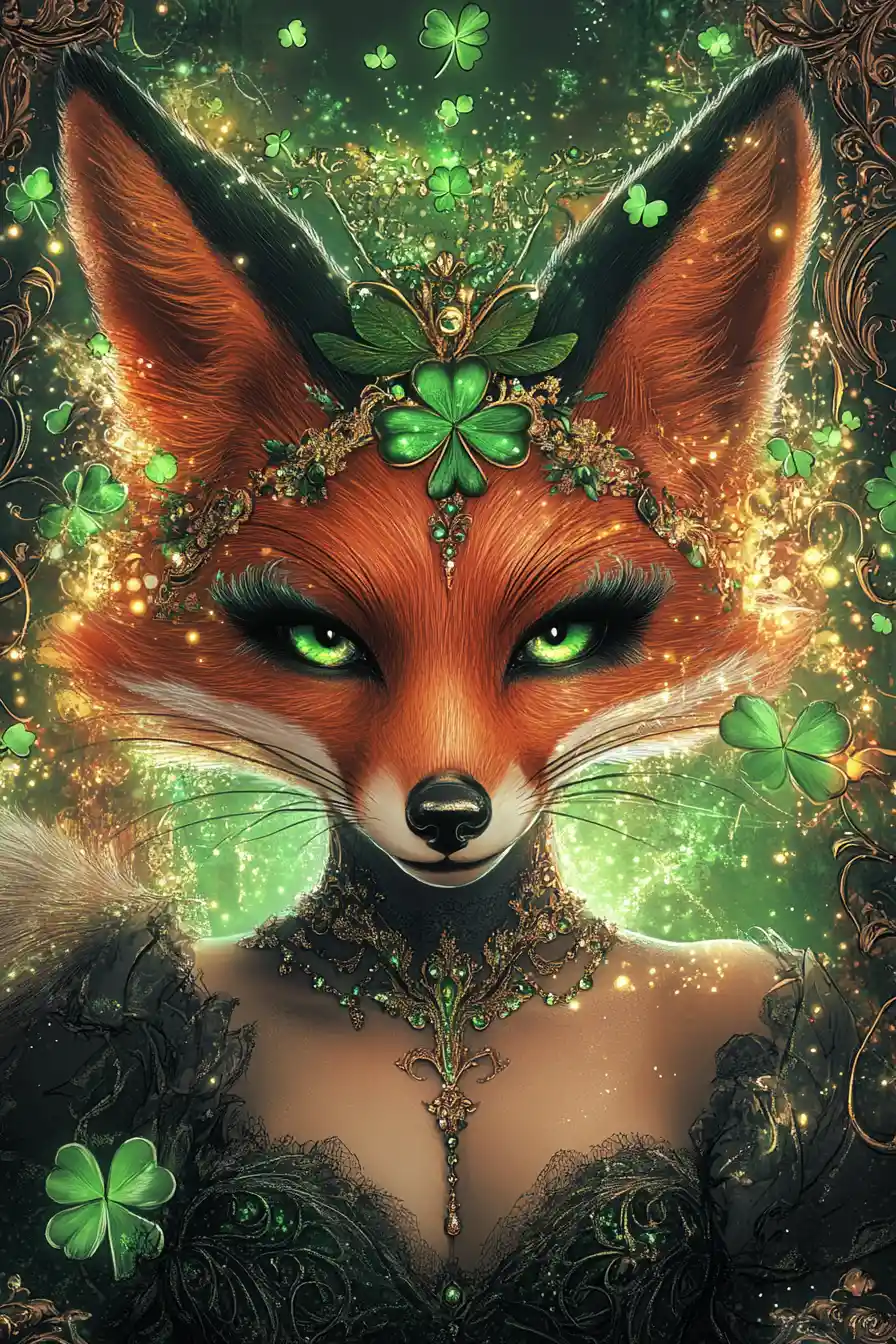 Glamorous anthropomorphic fox diva with glowing clovers