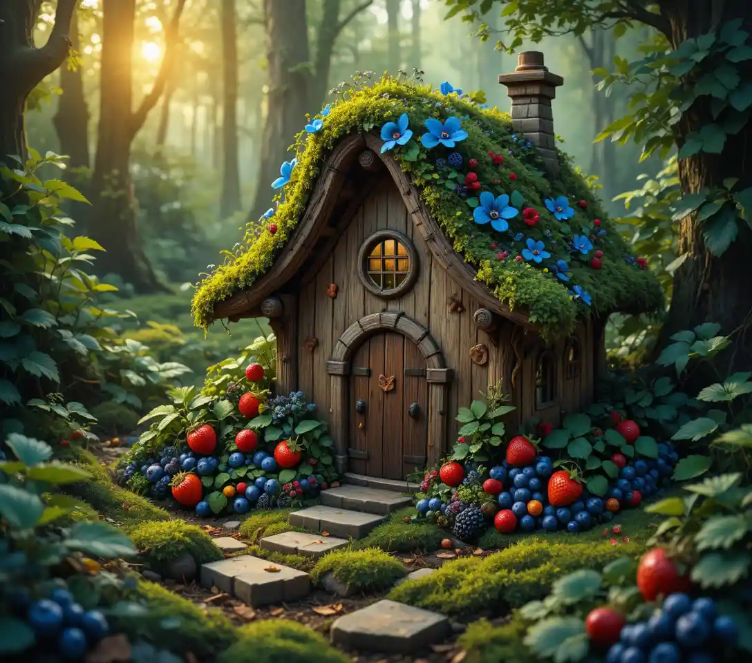 Piccolo cottage delle fate nascosto in una radura luminosa del bosco