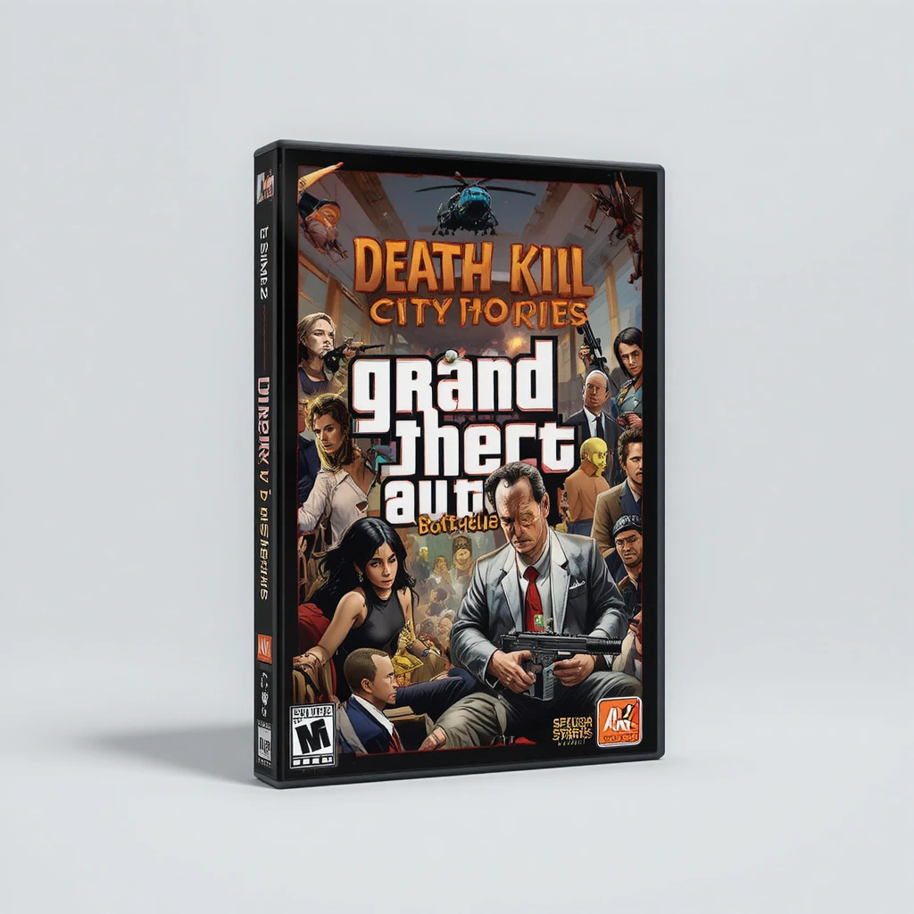 Copertina di videogioco d’azione violenta con caotiche scene di città