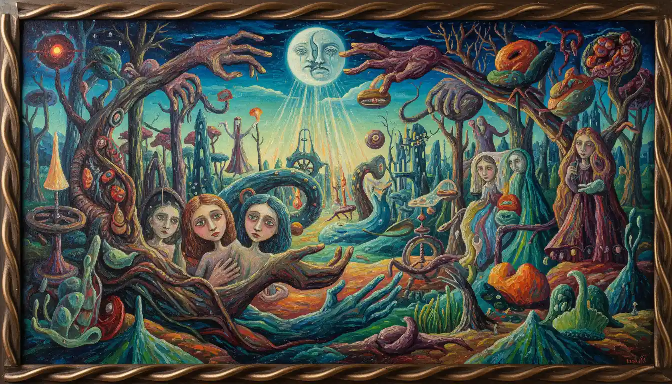Surreal organic forms emerging in a vivid dreamlike landscape