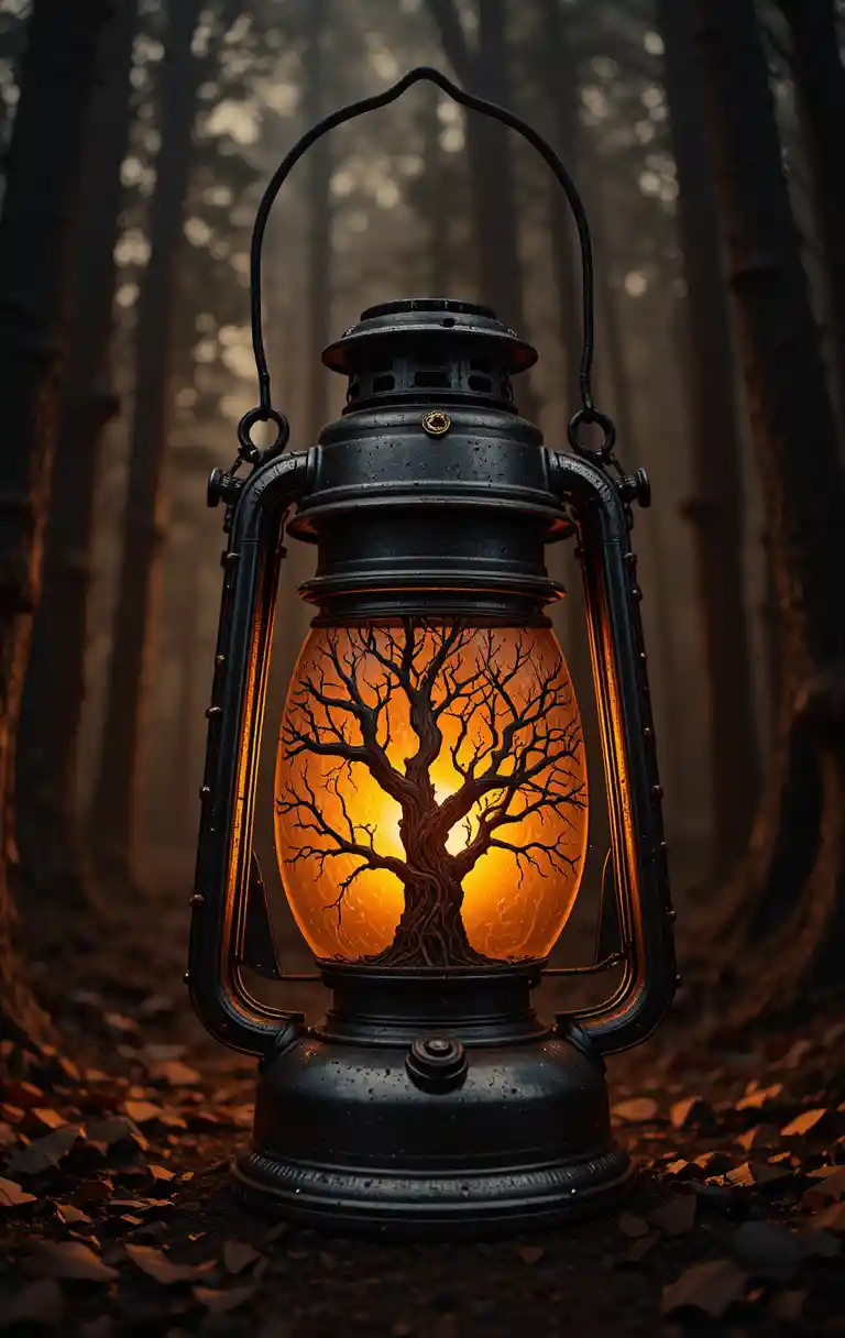 Lanterne vintage avec arbre dénudé dans une forêt au coucher du soleil