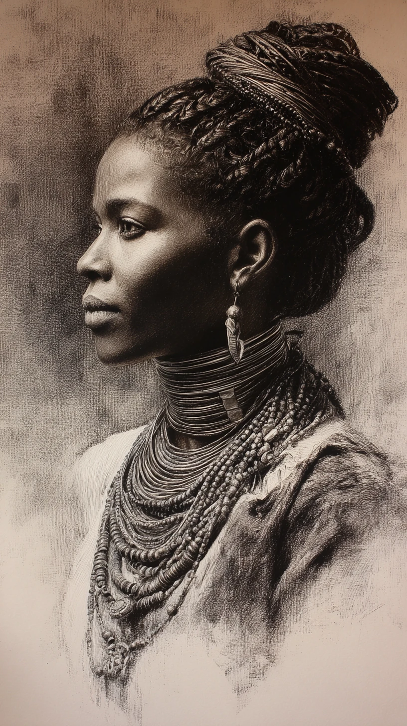 Charcoal portrait of African woman in profile with beaded jewelry
