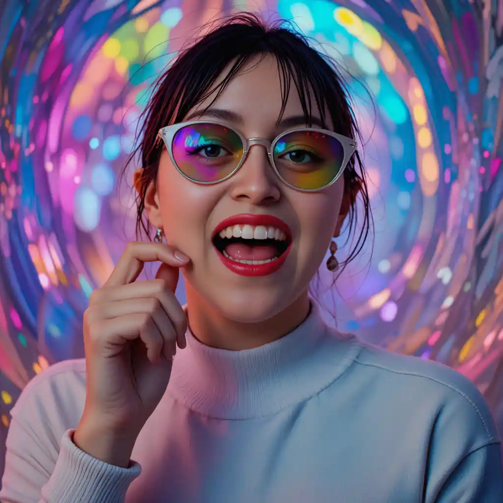 Colorful pop art woman smiling in futuristic portrait