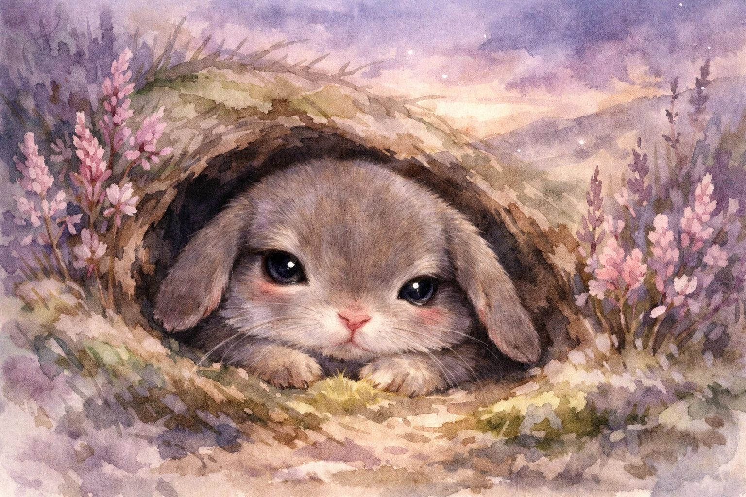 Coniglietto che riposa in una tana sul pendio al crepuscolo