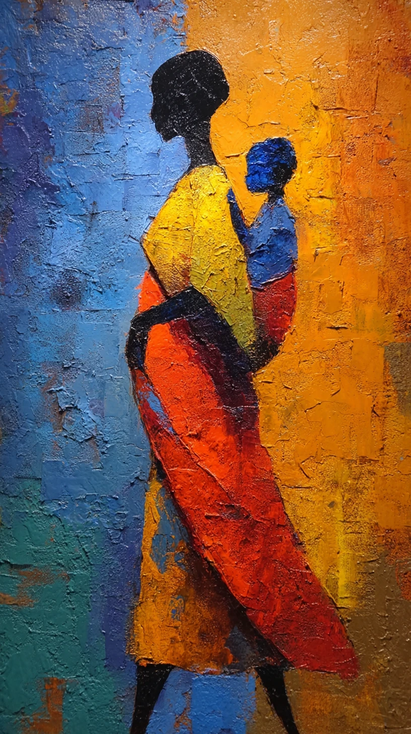 Forte donna africana che porta un bambino in pittura materica