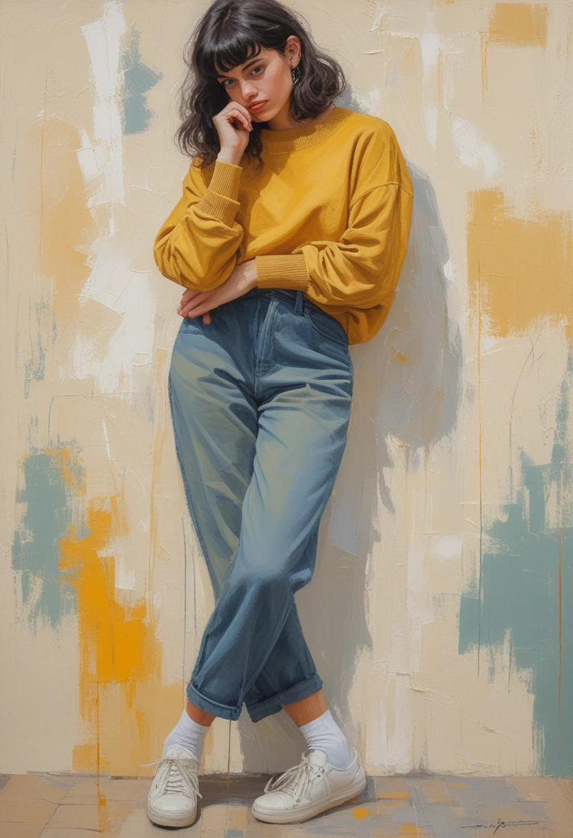 Peinture figurative contemporaine d’une jeune femme pensive